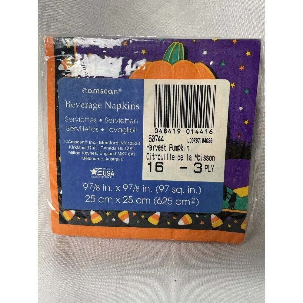 Vintage Halloween Orange Pumpkin Candy Corn Amscan Beverage Napkins 16 3-ply